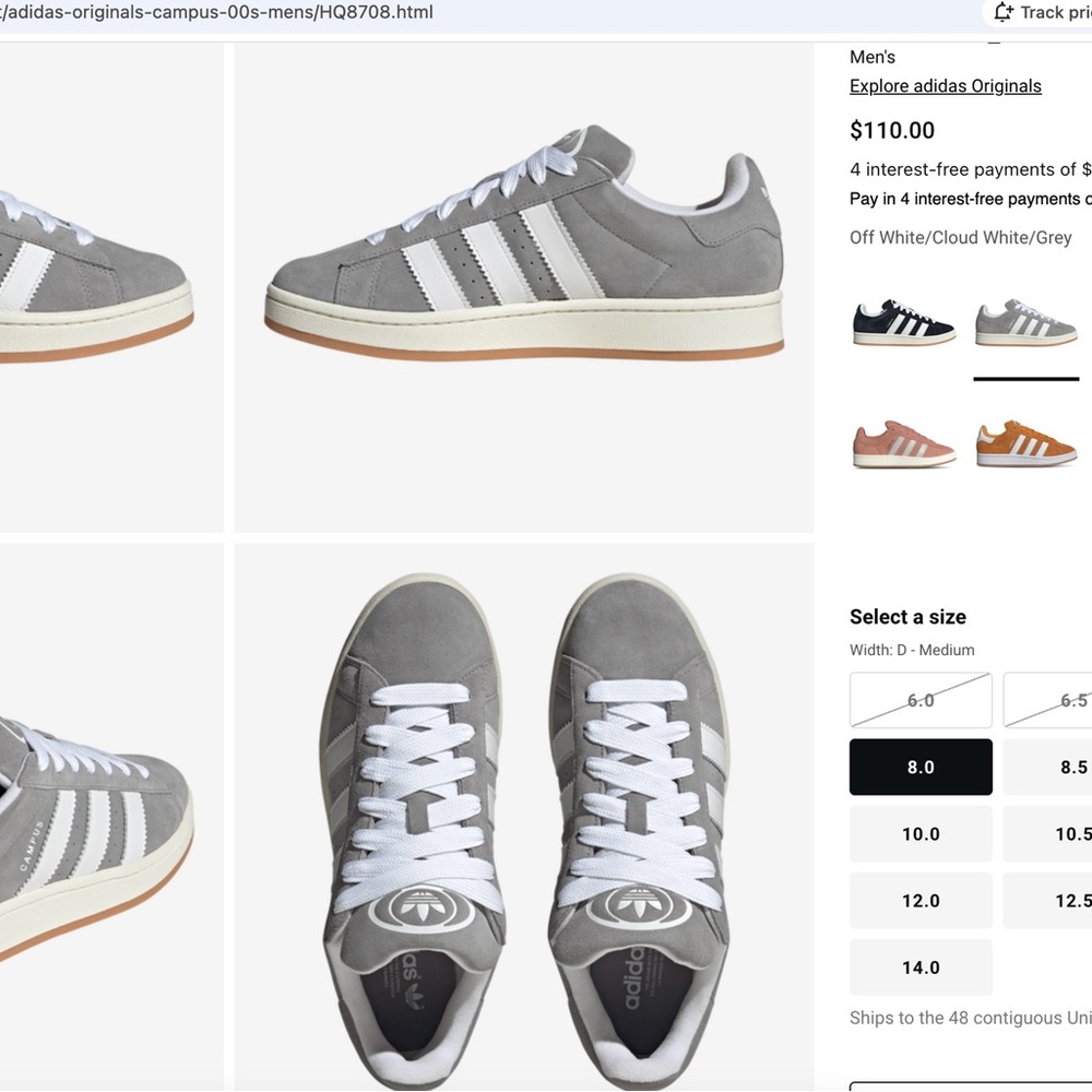 Adidas Campus 00 grey/white mens 8